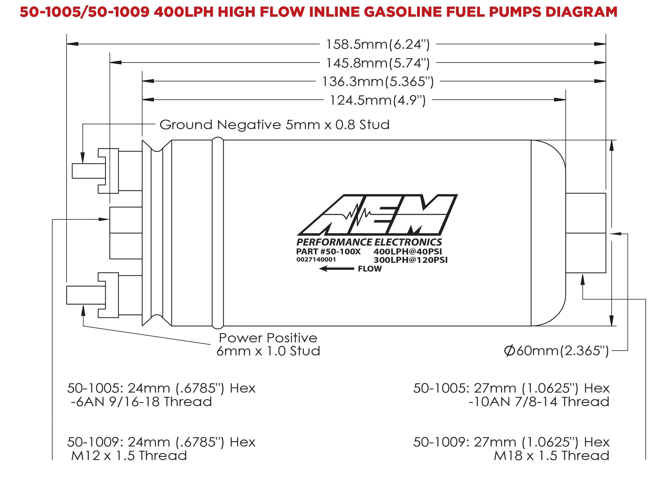 AEM E85 Compatible!! 400LPH External Fuel Pump with M18*1.5P Fitting - 50-1009 - AEM General