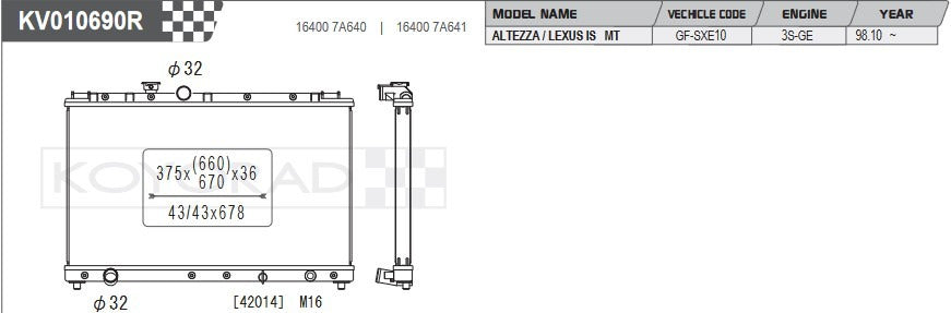 Koyo Radiator, Toyota Altezza, RS200, SXE10, 3S-GE, 2.0L 98/05 36mm - KV010690R - Koyorad General