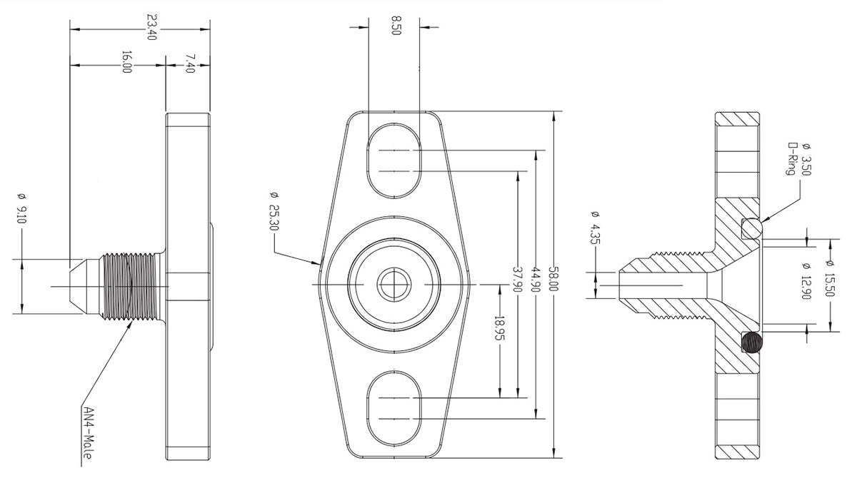 Aeroflow Turbo Oil Feed Adapter -4AN, 38-44mm Hole Centres. Black Finish - AF463-08 - Aeroflow Fittings