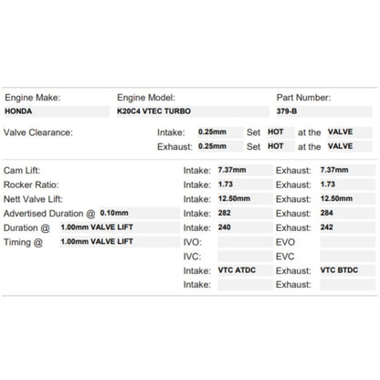 Kelford Cams K20C4 Drag Racing Turbo Cams  - 379-B